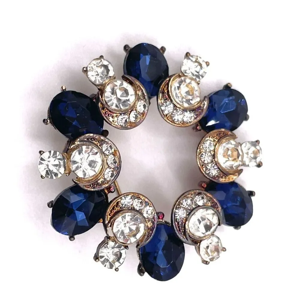 Crescent Moon & Blue Crystal Circle Brooch Pin Vintage Rhinestone